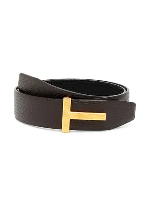 Ridged T Buckle Reversible Leather Belt