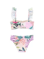 Little Girl's & Girl's 2-Piece Tropical Print Ruffle-Trim Bikini