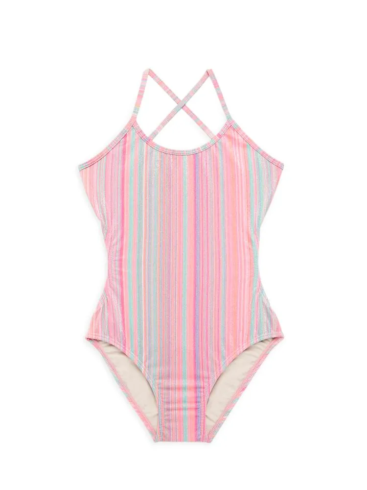 Little Girl's & Ayah Striped Cut Out One-Piece Swimsuit