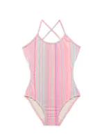 Little Girl's & Ayah Striped Cut Out One-Piece Swimsuit