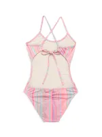 Little Girl's & Ayah Striped Cut Out One-Piece Swimsuit