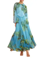 Tropical-Print Chiffon Gown