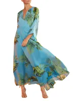 Tropical-Print Chiffon Gown