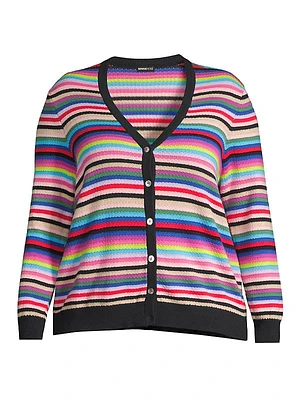 Plus Size Cash Weekend Striped Cotton-Blend Cardigan