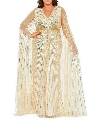 Plus Sequined V-Neck Cape-Sleeved Gown