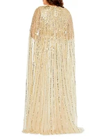 Plus Sequined V-Neck Cape-Sleeved Gown