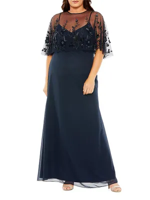 Plus Embellished Cape Sleeveless Gown