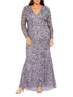 Plus V-Neck Sequin Embellished Long-Sleeved Gown