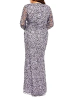 Plus V-Neck Sequin Embellished Long-Sleeved Gown