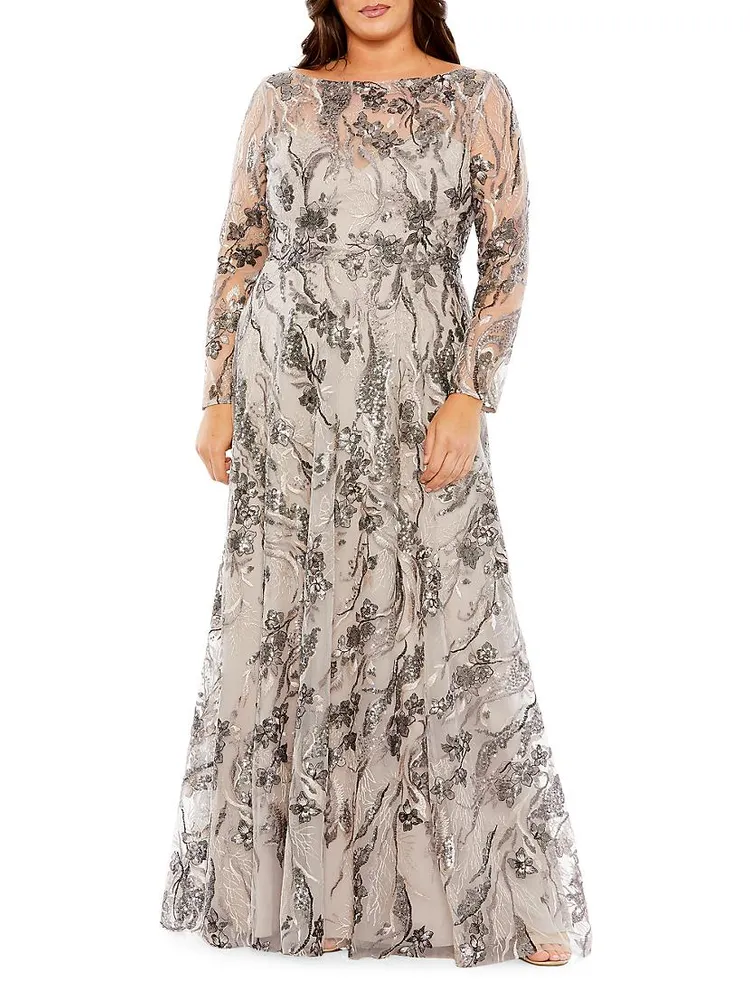 Plus Embroidered Long Sleeve A-Line Gown