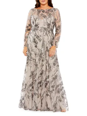 Plus Embroidered Long Sleeve A-Line Gown