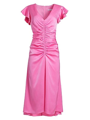 Avery Ruched Satin Midi-Dress