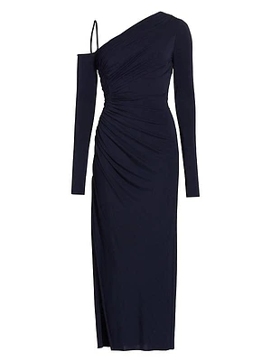 One-Shoulder Ruched Jersey Midi-Dress