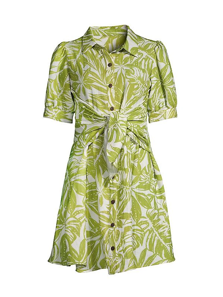 Leafy-Printed Tie-Waist Mini Shirtdress