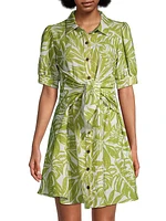 Leafy-Printed Tie-Waist Mini Shirtdress