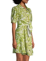 Leafy-Printed Tie-Waist Mini Shirtdress