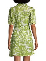 Leafy-Printed Tie-Waist Mini Shirtdress