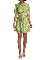 Leafy-Printed Tie-Waist Mini Shirtdress