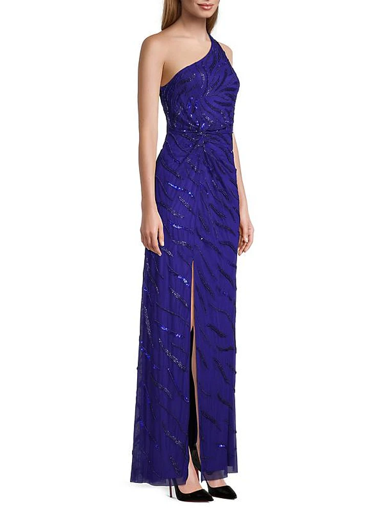 Beaded One-Shoulder Gown