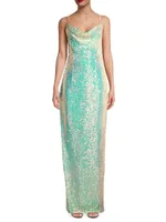 Cowlneck Sequined Column Gown