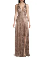 Foil Pleated Plunge Gown