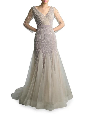 Bead-Embroidered Tulle Gown