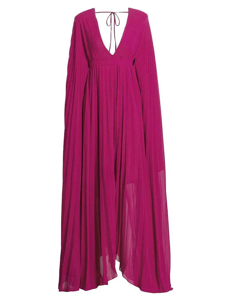 Delilah Pleated Cape-Sleeve Gown