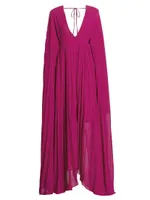 Delilah Pleated Cape-Sleeve Gown