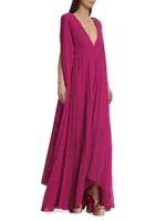 Delilah Pleated Cape-Sleeve Gown