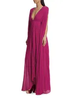 Delilah Pleated Cape-Sleeve Gown