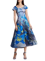 Abstract Floral Satin Midi-Dress