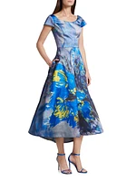 Abstract Floral Satin Midi-Dress