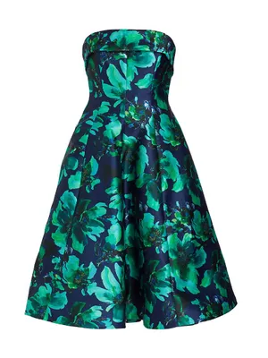 Strapless Floral Satin Midi-Dress