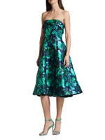 Strapless Floral Satin Midi-Dress