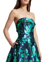 Strapless Floral Satin Midi-Dress