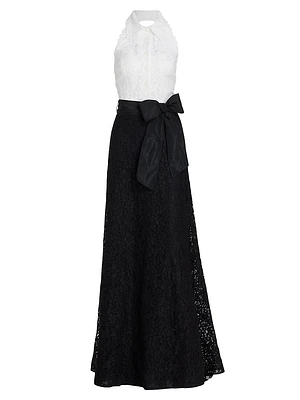 Collared Colorblocked Lace Gown