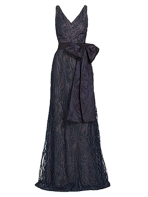 V-Neck Beaded Bow Gown