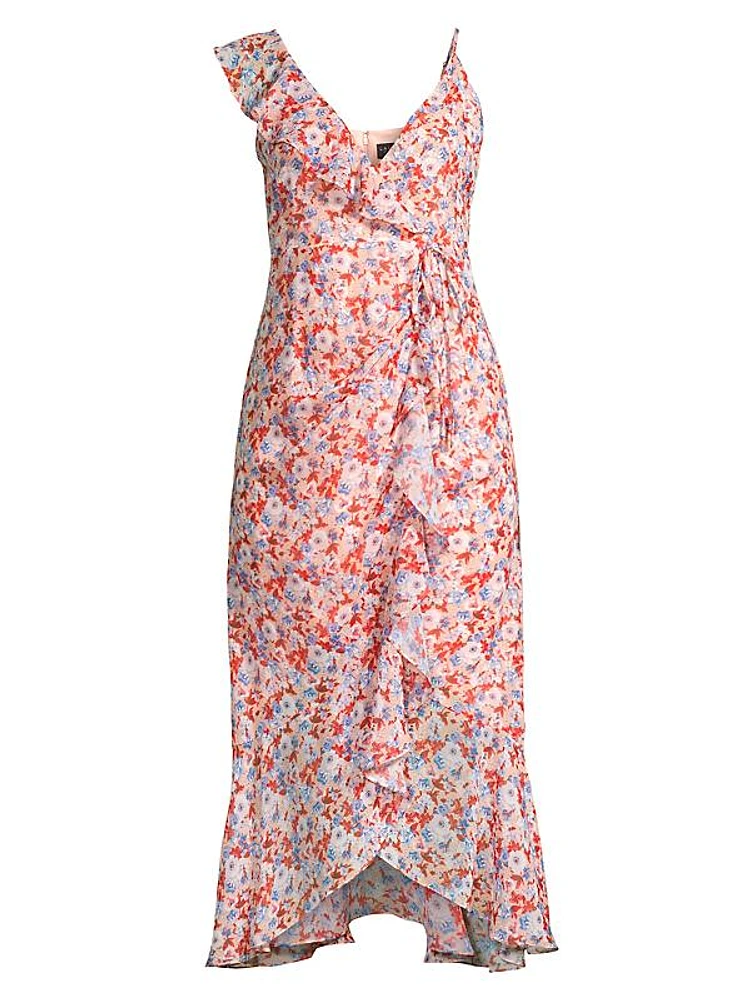 Asymmetric Floral Ruffle Midi-Dress