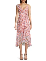 Asymmetric Floral Ruffle Midi-Dress