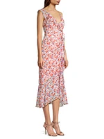 Asymmetric Floral Ruffle Midi-Dress