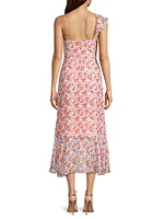 Asymmetric Floral Ruffle Midi-Dress