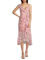 Asymmetric Floral Ruffle Midi-Dress