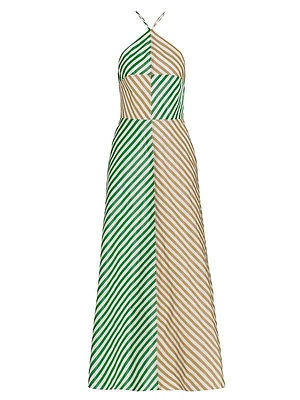 Two-Tone Taffeta Halter Midi-Dress