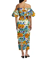 Floral Puff-Sleeve Sheath Midi-Dress