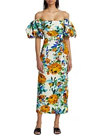 Floral Puff-Sleeve Sheath Midi-Dress