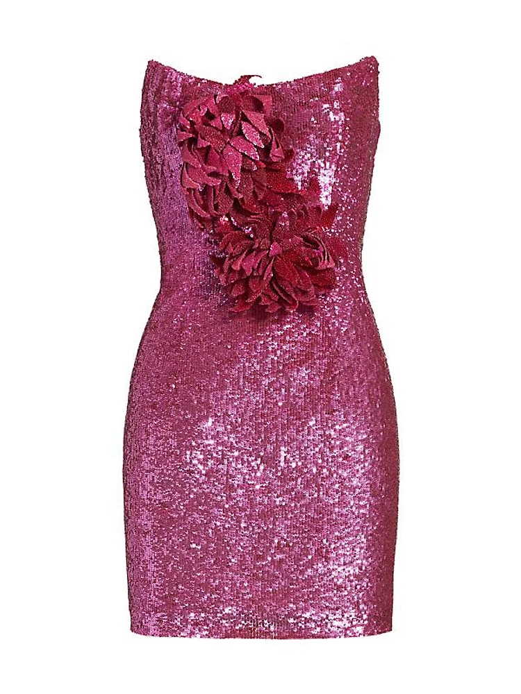 Strapless Flower Appliqué Sequined Minidress