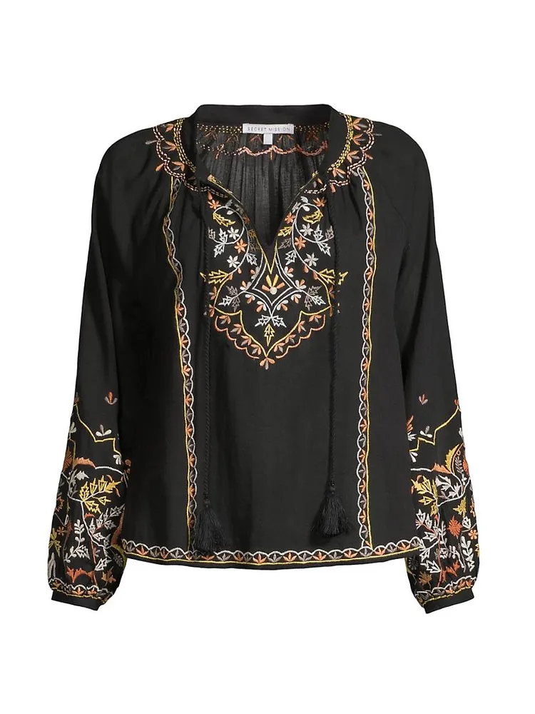 Clover Embroidered Split-Neck Top