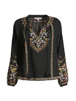 Clover Embroidered Split-Neck Top