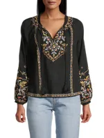 Clover Embroidered Split-Neck Top