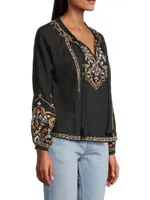 Clover Embroidered Split-Neck Top